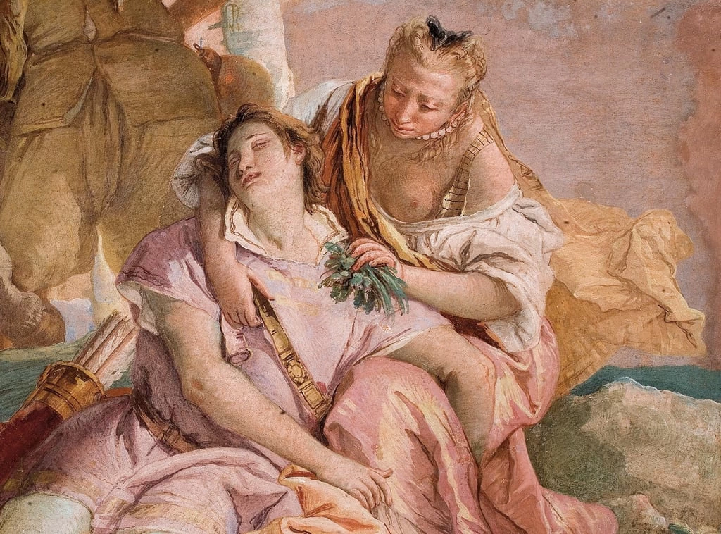 Particolare di Angelica in soccorso del Medoro ferito, dalla Sala dell'Orlando Furioso nella Palazzina - Villa Valmarana ai Nani, Vicenza